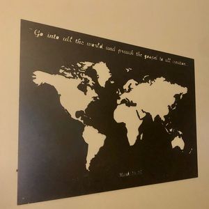 Metal laser cut world map with great commission Bible verse scripture wall art